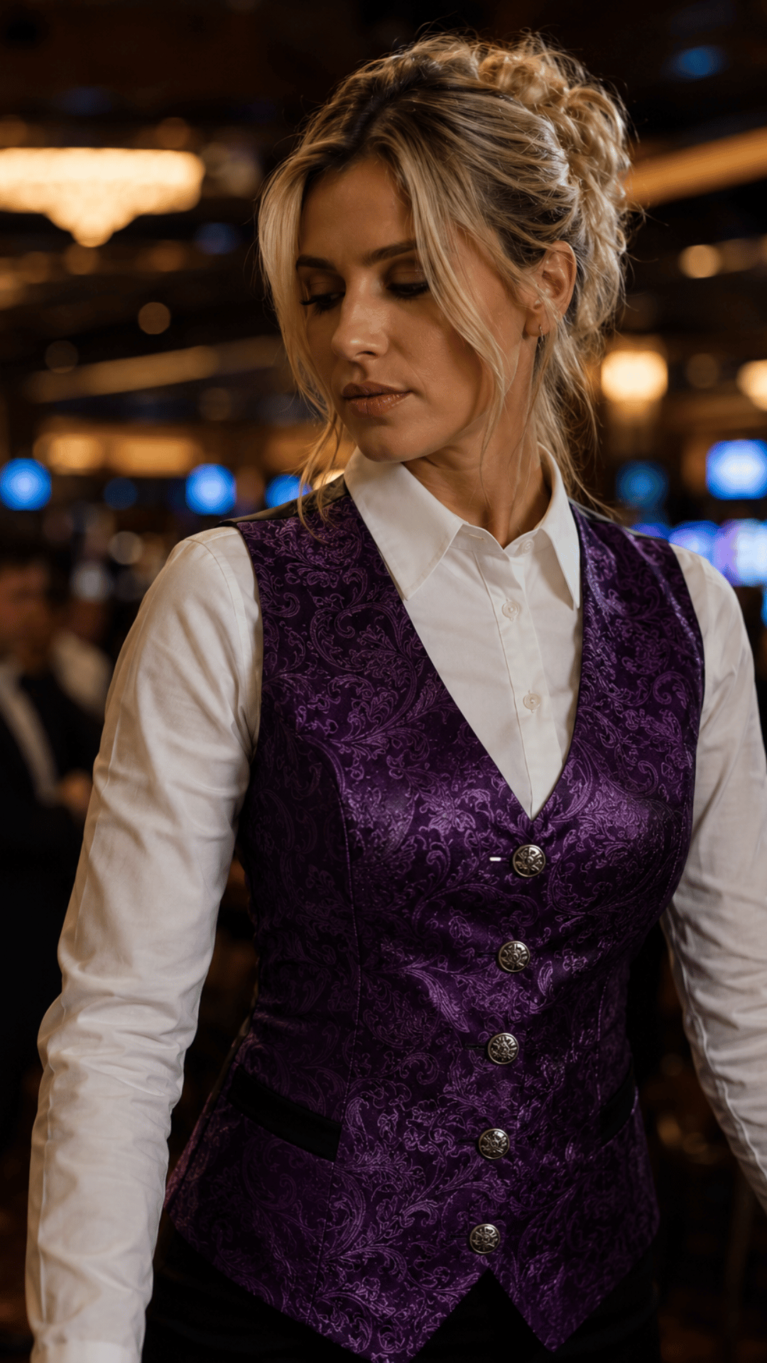 Uniformes para hoteles Chaleco morado con arabescos